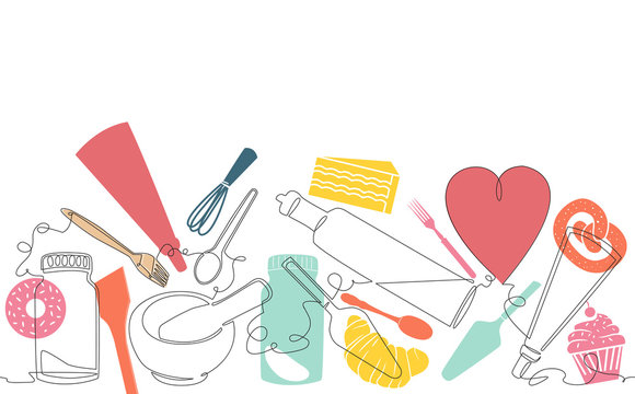 Bakery Pattern. Background with Baking Products and Utensils. Cooking poster. Continuous drawing style. Vector illustration.
