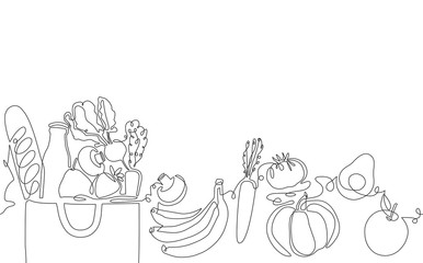 Background with Paper Grocery Bag and Fresh Food. Horizontal Pattern with Differrent Products. Vector illustration.