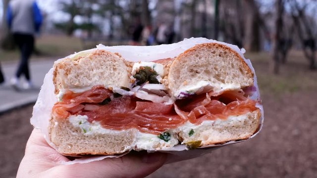 Close up of hand holding bagel with cream cheese, lox, capers, and onions outside at a park.