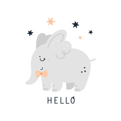 Cute childish print with little elephant character. Funny baby animal in flat style. Cartoon vector illustration isolated on white. Ideal for poster, kids room decoration, card, invitations, print