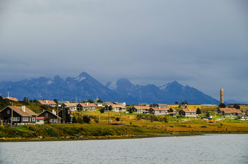 Houses or housing at the End of the World in Ushuaia, Argentina in Patagonia with endless fields of...