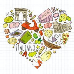 Italian language learning. Vector pattern with icons and national symbols of Italy.