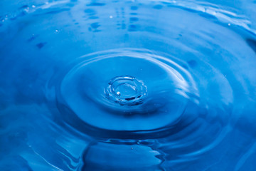 Water drops on blue surface. Water ripple background. Splashes from a drop of water. Raindrops on a blue background. The texture of the water. Aqua, turquoise, macro