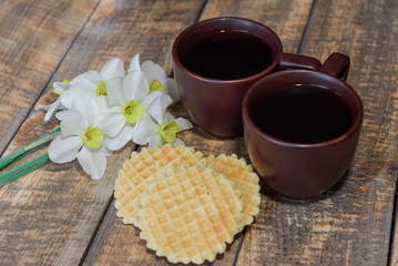 
Good morning, wish you. Breakfast in bed. Coffee in a cup. Daffodils