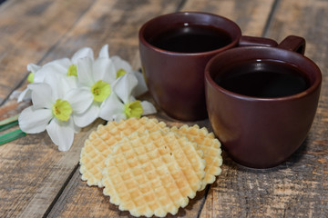 
Good morning, wish you. Breakfast in bed. Coffee in a cup. Daffodils