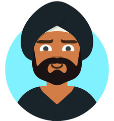 Islamic man in traditional arabic hat shemagh, khaliji or keffiyeh with  mustache. Arab hat. Muslim hat. Arabic man. Arabian Turban. Hindu man. Human, flat vector illustration. Icon, character, eps.