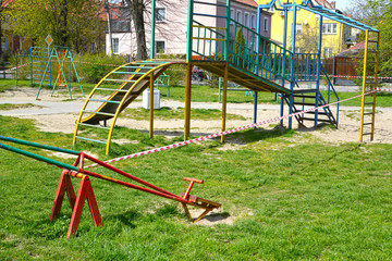 The playground is enclosed by signal tape during the COVID-19 coronavirus epidemic in Russia. Kaliningrad
