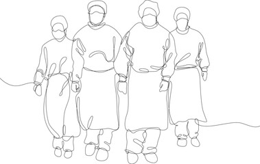 equipe medica vestita con protezione antivirus, disegno fatto con una sola linea continua