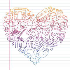 Italian language learning. Vector pattern with icons and national symbols of Italy.