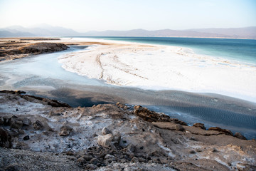 Traditional harvest of the salt in Lake Assal