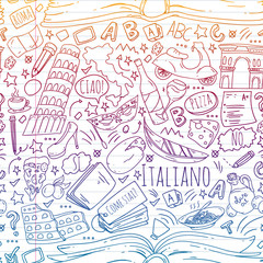 Italian language learning. Vector pattern with icons and national symbols of Italy.