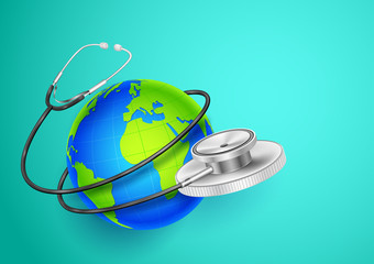 illustration of concept of Medical background showing World Health Day with stethoscope around Earth