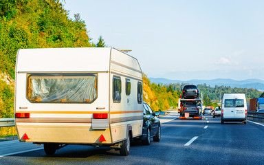 Fototapeta premium Camper rv on highway road Slovenia reflex