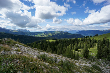 Wonderful view into the wide and open landscape of Alp de Siusi - Mont Seuc. Gardena Valley, South Tyrol, Italy, Europe.