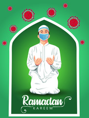 Ramadan islamic worship. Prayer. Muslim worship wearing mask prevents coronavirus or COVID-19. Illustration vector