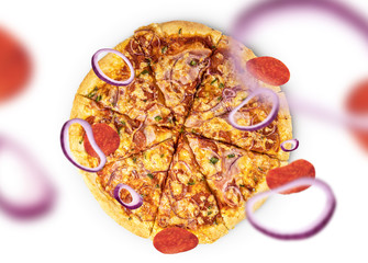 Italian traditional pizza concept on color background, levitated with steam and particles. Ideal for designers with copy space