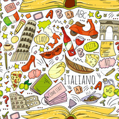 Italian language learning. Vector pattern with icons and national symbols of Italy.