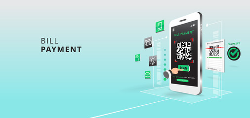 Smartphone to scan QR code on paper for detail, technology and business concept with Application and icon .vector illustration.