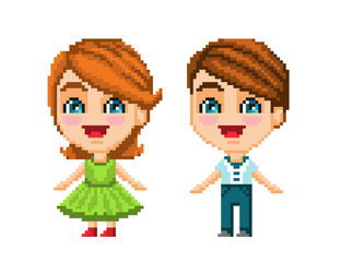two chibi character in pixel art style. Boy and girl