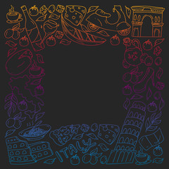 Italy vector elements and icons. Doodle pattern with italian culture, cities Roma, Venice, Milan, cheese, wine.