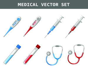 Vector set of medical icons. Detailed images of thermometer, syringe, tube and stethoscope. Red and blue medical images.