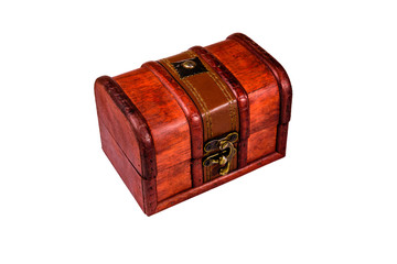 Closed vintage chest from red wood isolated on a white background