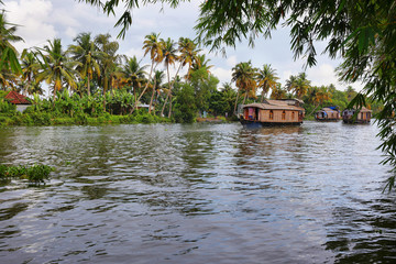 Fototapeta na wymiar Boats on the riverbank of the backwaters in Allepey, Kerala, India.