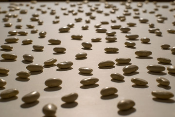many white haricot beans spread out evenly on a white background