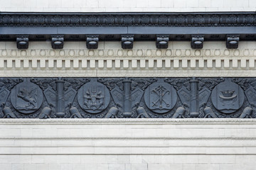 Moscow, Russia, june 2018: fragment of the relief frieze on top of the triumphal arch in Poklonnaya Hill (editorial) © Mikhail