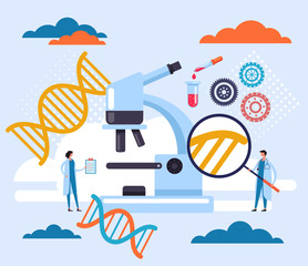 Research dna chromosome medicine science concept. Vector flat cartoon graphic design illustration
