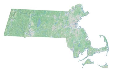 High resolution topographic map of Massachusetts with land cover, rivers and shaded relief in 1:1.000.000 scale.