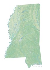 High resolution topographic map of Mississippi with land cover, rivers and shaded relief in 1:1.000.000 scale.
