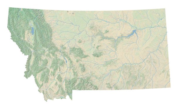 High resolution topographic map of Montana with land cover, rivers and shaded relief in 1:1.000.000 scale.