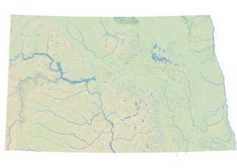 High resolution topographic map of North Dakota with land cover, rivers and shaded relief in 1:1.000.000 scale.