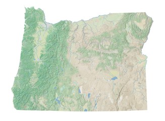 High resolution topographic map of Oregon with land cover, rivers and shaded relief in 1:1.000.000 scale.