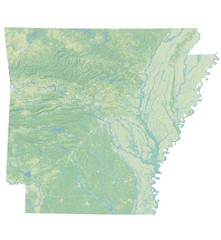 High resolution topographic map of Arkansas with land cover, rivers and shaded relief in 1:1.000.000 scale.