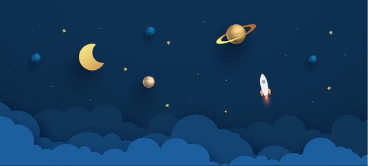 Night sky with planets. Paper art style of rocket flying in space, start up concept, flat-style. Paper cut design. vector illustration.