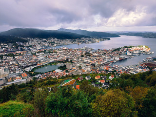 Panoramic view on the Norway city Bergen streets and buildings at cloudy weather