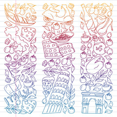 Italy vector elements and icons. Doodle pattern with italian culture, cities Roma, Venice, Milan, cheese, wine.