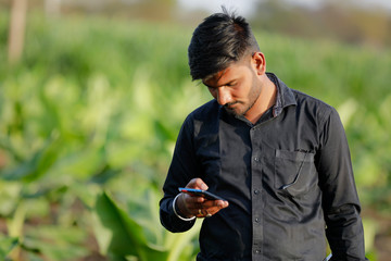 young indian agronomist examining the field