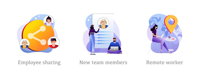 Employee sharing, new team members, remote worker metaphors. Vector isolated illustrations