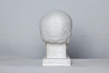 classical plaster head skull bust against a white, old, worn wall.