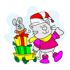 Cat Looking at Mouse in Garden near Fence with Plants Flat Cartoon Vector Illustration.