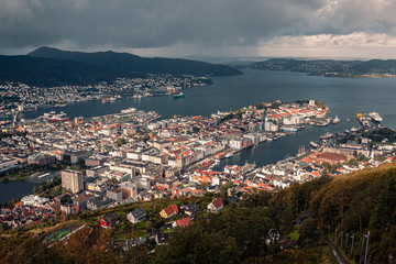 Fototapeta na wymiar Panoramic view on the Norway city Bergen streets and buildings at cloudy weather