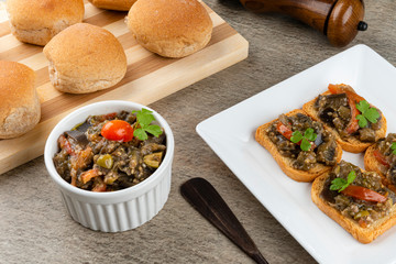 Toast bread with eggplant caviar. Fast appetizer concept.