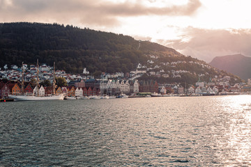 Fototapeta premium Panoramic view on the Norway city Bergen streets and buildings at cloudy weather