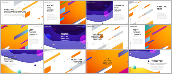 Presentation design vector templates, multipurpose template for presentation slide, flyer, brochure cover design, infographic presentation. Minimal colorful geometric backgrounds with dynamic shapes.