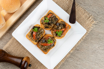 Appetizer of vegetables or eggplant antipasto. Simple cooking concept. Top view.