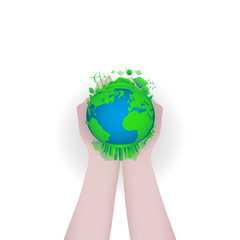 Green earth concept design. Green world globe in the hands of man. Earth planet health care concept. Environmental conservation. Earth day business design, vector illustration.