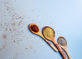 Various spices in wooden spoon 